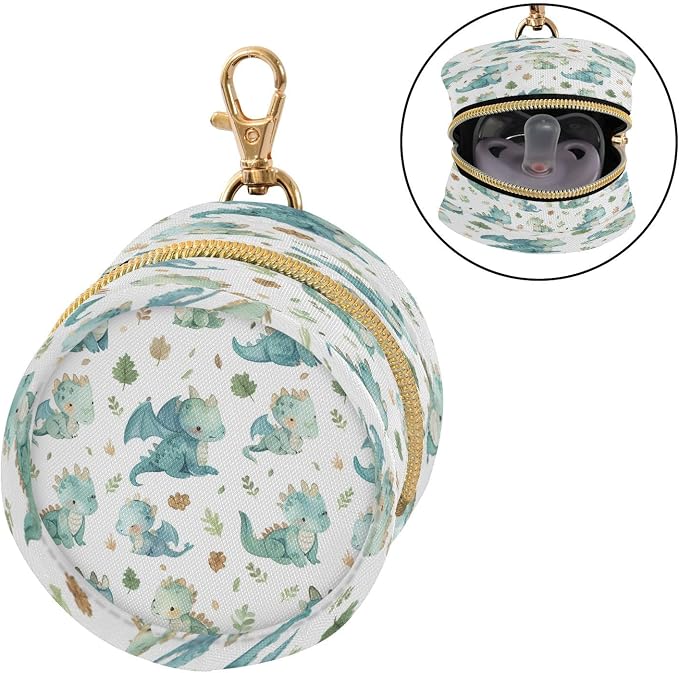 Cute Dragons Pacifier Holder Case with Clip Portable Small Travel Pacifier Pouch for Mom Bag Zipper Coin Purse Pendant