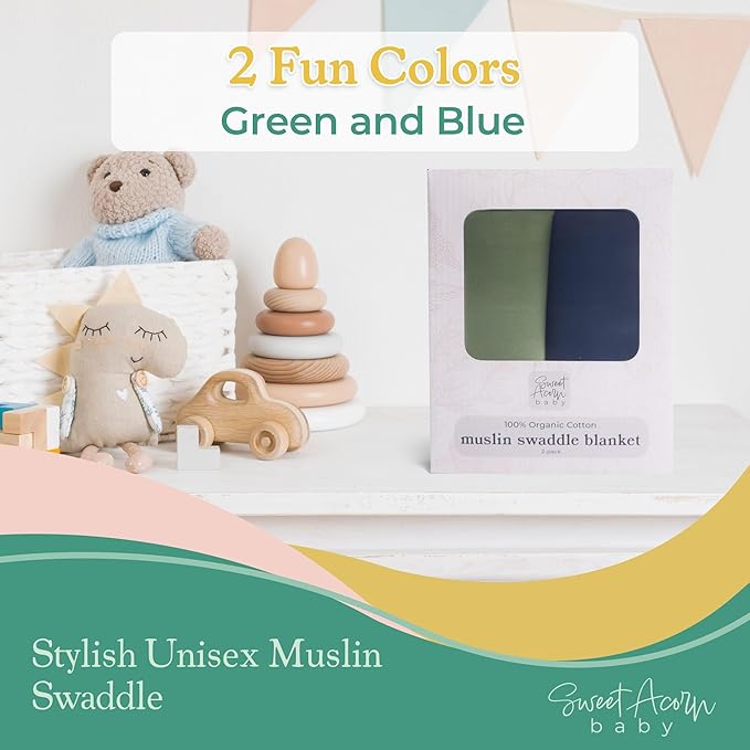 Muslin Swaddle Blanket ??Soft Cotton Muslin Baby Blanket for Newborns, Infants, and Toddlers, All-Season Comfort Baby Essential - Green, Blue