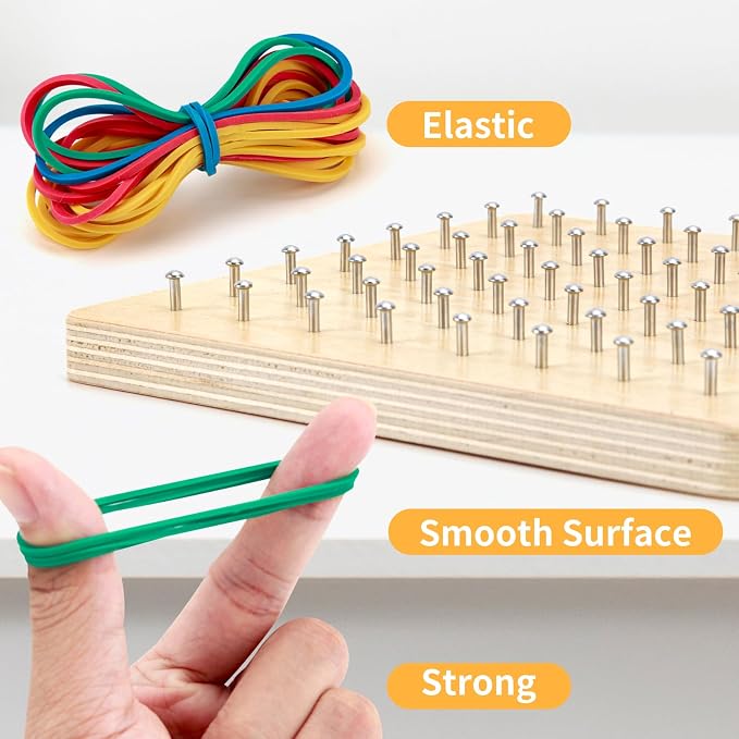 HEELWIRE Wooden Geoboard, Montessori Educational Toy for Kids with Pattern Cards and Rubber Bands to Figures and Shapes, Brain Teaser STEM Geo Board
