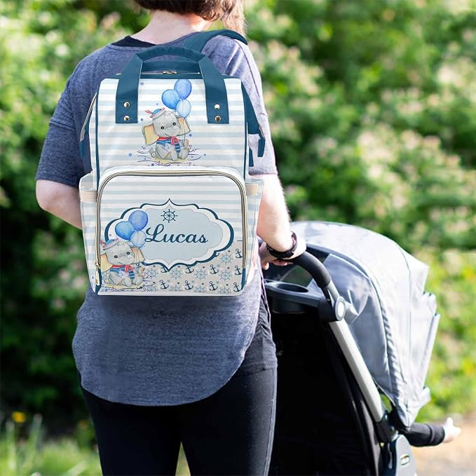 M YESCUSTOM Custom Diaper Bag Backpack with Name Personalized Mommy Bag Customized Newborn Gift Indoor Outdoor Use Blue and White Stripes