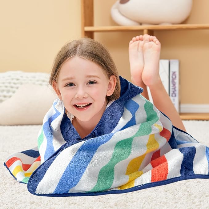 Style Quarters 100% Cotton Kids Hooded Bath Towel with Colorful Stripe Design - Large 50"x24" Soft Terry Toddler Beach Towel, Rainbow Hooded Towel for Boys & Girls (Rainbow)