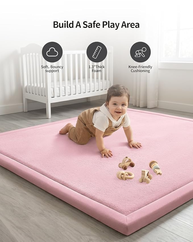 Goyuu Ultra Soft 1.3" Thick Baby Play Mat for Floor, 79x59 Playpen Mat Elasti-Foam Padded Crawling Mat for Babies, Toddlers, Infant, Kids, Non-Slip Backing Safe for Tummy Time Pink