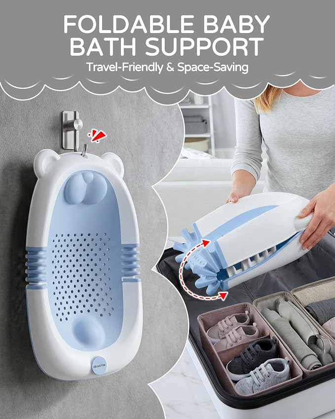 ISELECTOR Baby Bath Support Foldable Baby Bathtub Bath Tub for Newborn Infant Baby Bath Seat with Non-Slip Suction Cup 0-6 Months Infant Essentials Must Haves Ideal for Newborn Gifts (Blue)