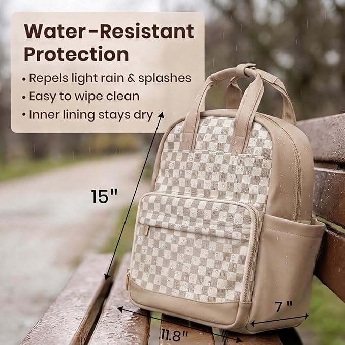miss fong Small Diaper Bag - Baby Diaper Bag Backpack Checkered Diaper Bag with Changing Pad Baby Backpack for Travel Daycare Mommy Diaper Backpack for Mom & Dad-White&Beige