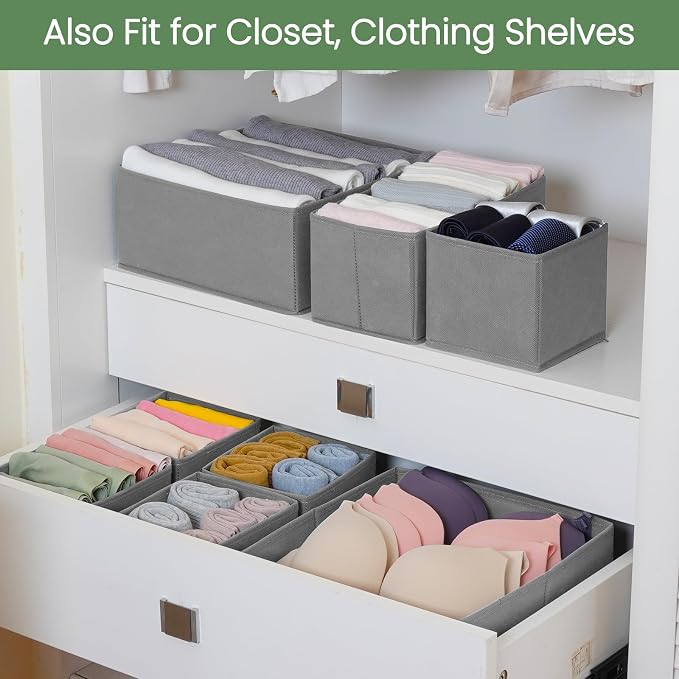 Criusia Drawer Organizer Clothes,16 Pack Underwear Drawer Organizers, Foldable Closet Organizers and Storage Dresser Drawer Dividers Clothing Organizer for Clothes, Socks, Scarves, Bra, Ties (Grey)
