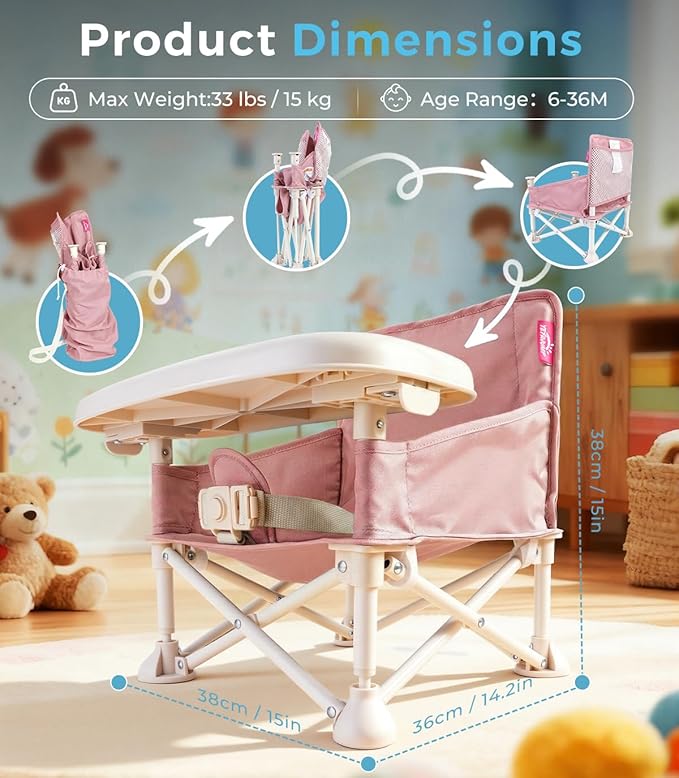 Portable Baby Chair, Baby Beach Chair with 2-Pack Interchangeable Seat Covers, Portable Booster Seat with Tray & Travel Bag, Compact Foldable, Easy-Swap Colors, Perfect for Travel