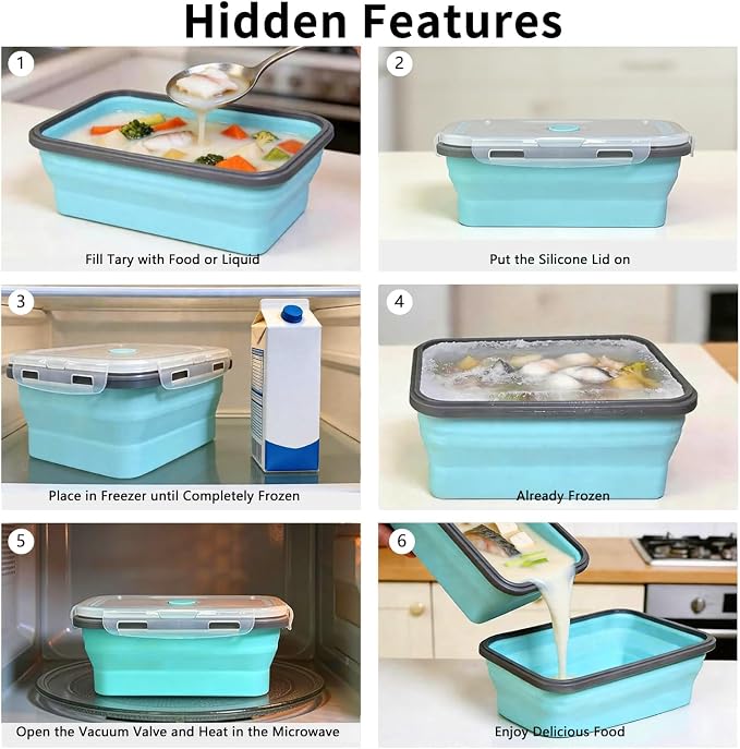 Collapsible Silicone Food Storage Containers Set, 4PCS Foldable Lunch Boxes with Lids & Air Vent, 27oz Multifunctional Travel Food Containers, Bento Boxes, Blue