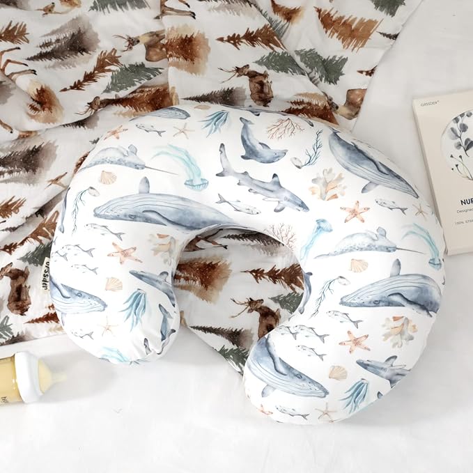 GRSSDER Nursing Pillow Cover Stretchy Minky Removable Nursing Covers for Breastfeeding Pillows, Ultra Soft Comfortable Slipcover for Girls and Boys, Whale Sea World Pattern