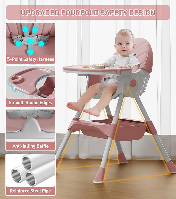 Baby High Chair, 5 in 1 High Chairs for Babies and Toddlers, Travel Foldable High Chair with Detachable PU Cushion, Double Removable Tray, Adjustable Height & Recline, Locking Wheels (Pink)