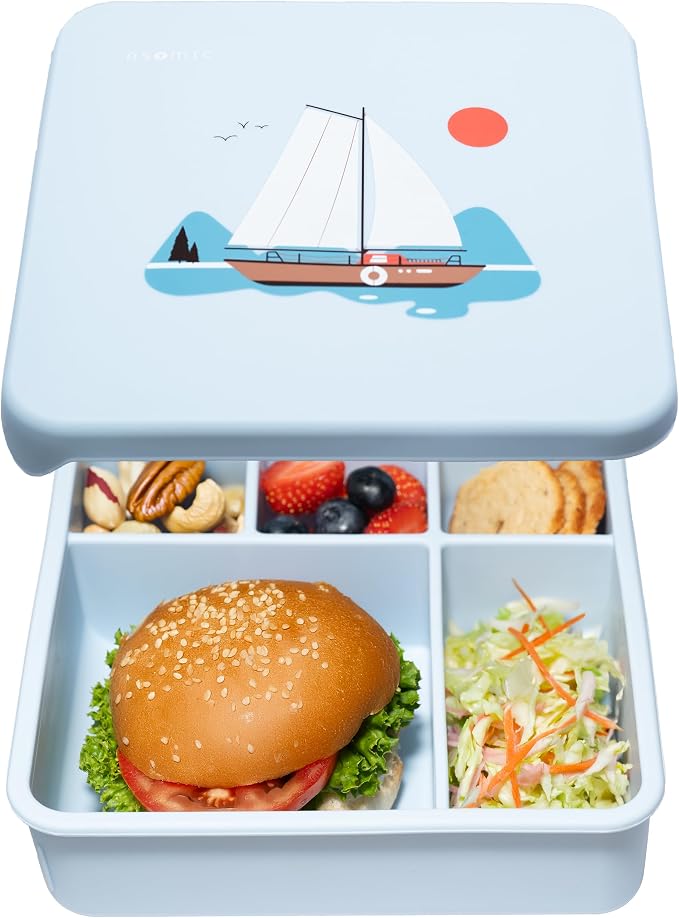 ASOMIC® Large Silicone Bento Box, 5 Compartments, Leakproof Lunch Container, BPA-Free, Microwave & Dishwasher Safe, For Work, School & Travel (Sky-Blue)