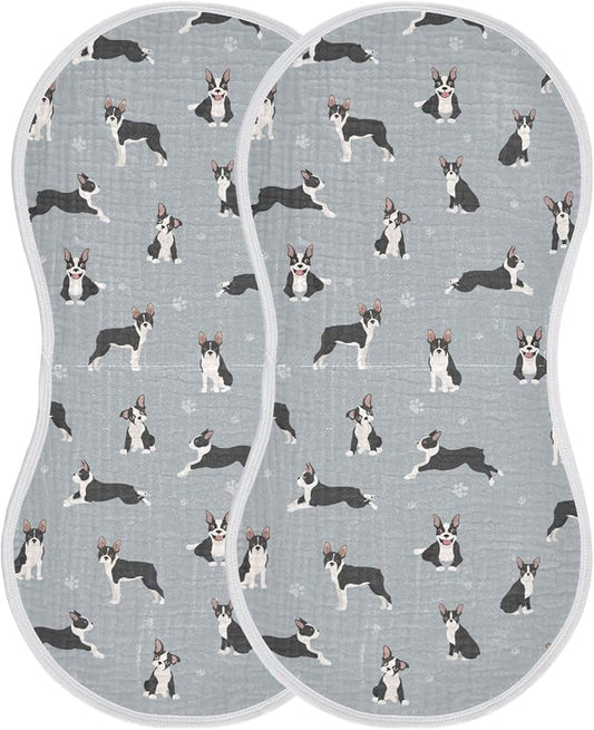 Muslin Burp Cloths for Baby Boys and Girls - 2-Pack Ultra Absorbent Boston Terrier Dog Muslin Washcloths, Newborn Towel, Milk Spit Up Rags, Burp Cloth Bibs for Unisex, 22 x 11 Inch