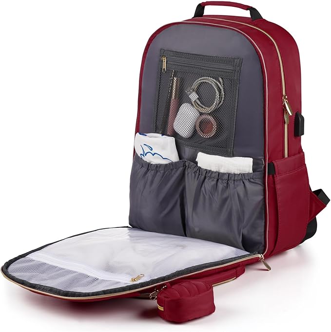 MOMUVO Diaper Backpack for Women Large Capacity with Insulated Pockets Diaper Bags For Baby,Burgundy