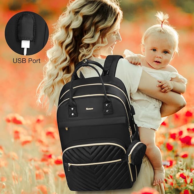 MOMUVO Diaper Bag Backpack, Quilted Baby Bag with Changing Pad and Stroller Straps, Dark Black