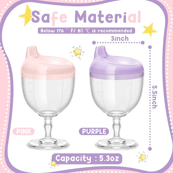 Irenare 2 Pcs Baby Wine Sippy Cup Plastic Goblet Cup No Spill Wine Glass Baby Sippy Goblet Glass Beverage Mug Milk Bottle with Lid for Kids (Pink, Purple)