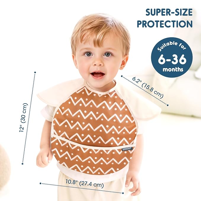 GRSSDER 3-pack Mess Proof Baby Feeding Bibs with Food Catcher Pocket, Soft Lightweight Waterproof Fabric Material with Zero Plastic-like Feel, Adjustable and Easy Clean Toddler Bibs for 6-36 Months