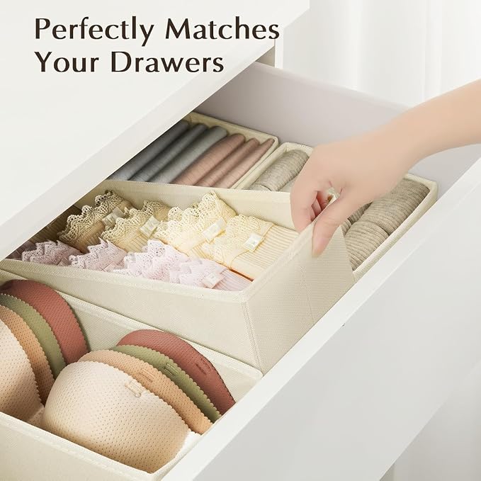 DIMJ Drawer Organizers Clothes, Set of 14 Dresser Organizer Bins, Fabric Closet Organizers and Storage, Shallow Drawer Dividers for Nursery, Clothing, Baby Clothes, Socks, Underwears, Tie (Beige)