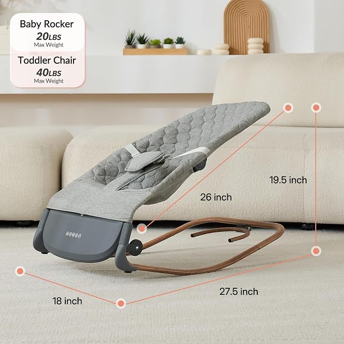 VaVaSoo 2-in-1 Auto Baby Rocker & Toddler Chair (up to 40 lbs), Dual Powered (Type-C or Battery), Motion Sensing Electric Rocking Adjustable Support Bar for Stationary Seat, Music & Timer