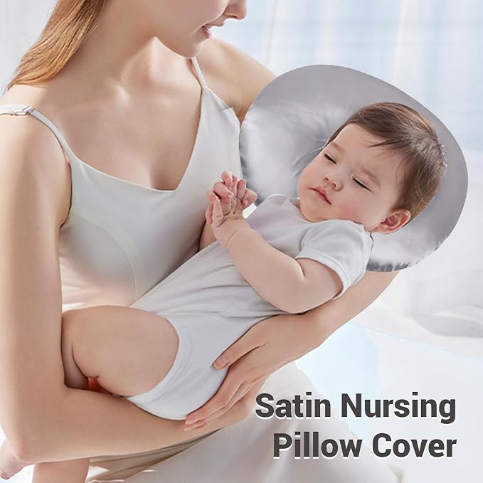 Soft Satin Nursing Pillow Cover, Skin Friendly, Washable, Breathable, Breastfeeding Pillow Slipcover Compatible for Feeding and Newborn Care (Grey)