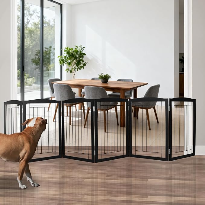 ZJSF Freestanding Foldable Dog Gate for House Extra Wide Wooden Black Indoor Puppy Gate Stairs Dog Gates Doorways Tall Pet Gate 6 Panels Fence