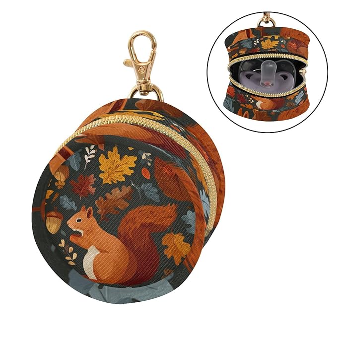 Pacifier Holder with Clip Pacifier Case for Diaper Bag Round Baby Pacifier Pouch Box Bag Portable Blue Squirrel Pinecone Leaves
