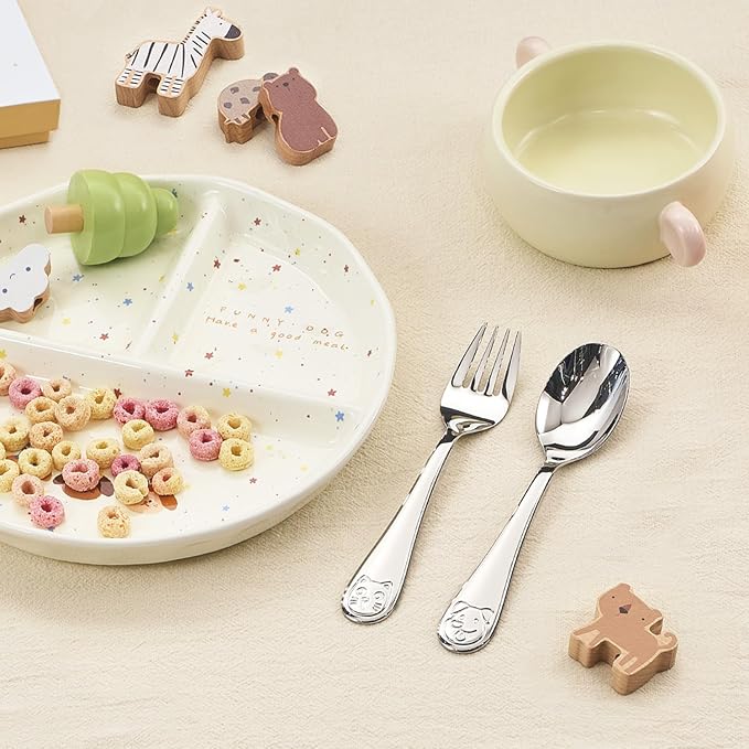 KINGSTONE Toddler Utensils Set, 6-Piece Small Forks & Spoons, 18/10 Stainless Steel, Cat & Dog Print, Ergonomic Self-Feeding Kids Flatware for Home, Travel & Preschool