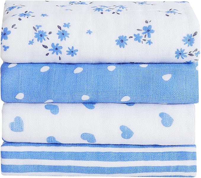 lasoftan Baby Muslin Burp Cloths, 100% Cotton Burping Cloths Super Absorbent Soft, Bath Towel Burp Cloths for Baby Girl Boy, Great Gift for Newborn, 10 x 20 inch, 4 Pack (Heart & Flowers)