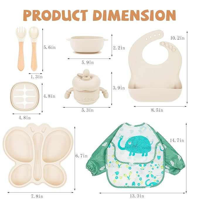 Silicone Baby Feeding Set, Baby Led Weaning Supplies, Silicone Suction Butterfly Plate, Bowl, Spoons, Fork and Waterproof Bib & Cloth Bib, Eating Utensils Baby Feeding Essentials (Beige)