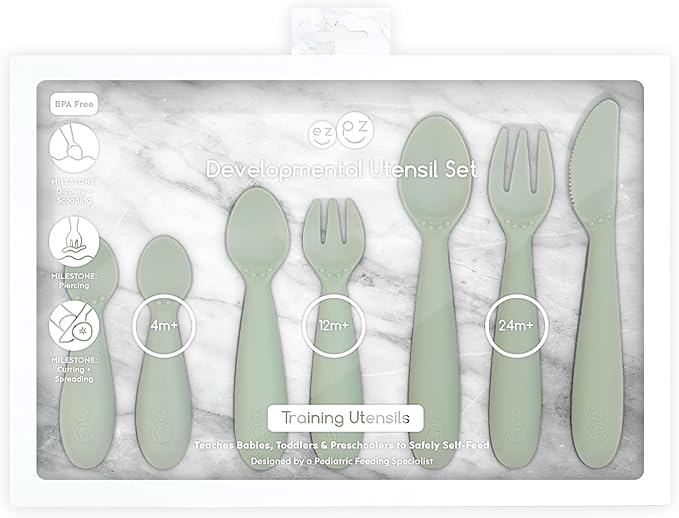 ezpz Developmental Utensil Set (Sage) - 100% BPA Free Fork, Spoon, Knife for Babies, Toddlers and Preschool - First Foods + Self-Feeding - Designed by a Pediatric Feeding Specialist