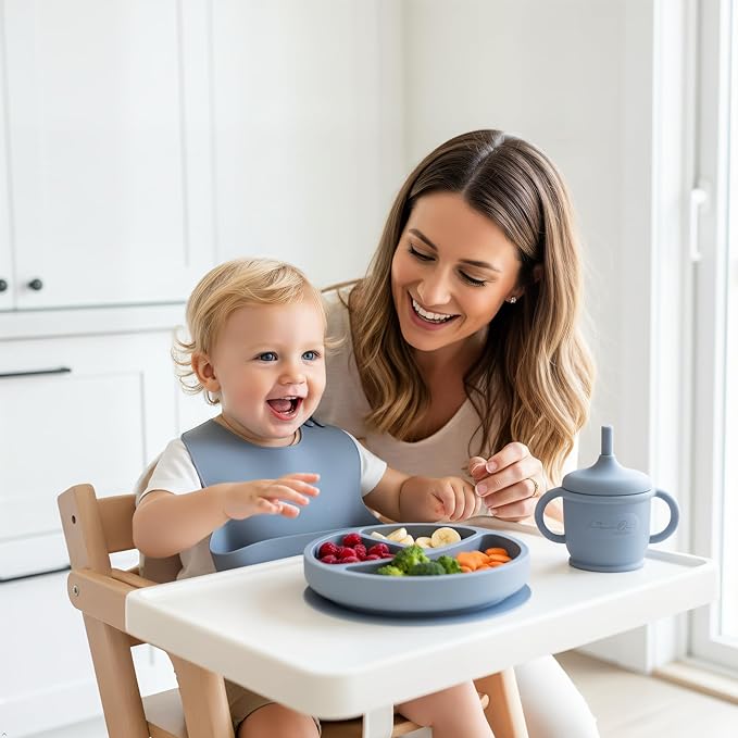 Silicone Baby Feeding Set, 10 Pcs Baby Led Weaning Supplies | BPA-Free Baby Dishes with Toddler Plates and Bowls Set, Silicone Bib, Suction Cup, Baby Spoons & Forks | Empower Independence ??Gray