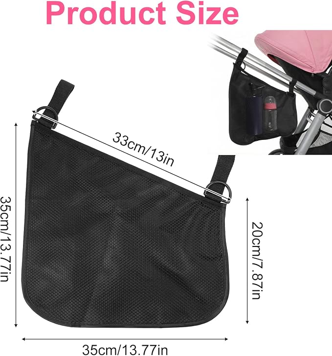 2 Pack Side Sling Stroller Organizer, Universal Portable Side Sling Stroller with Mesh Cargo Net, Black Adjustable Mesh Storage Bag with Non-Slip Straps for Extra Cargo Space