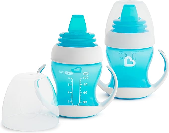 Munchkin Gentle Transition Baby Sippy Cup, Baby's First Sippy - Helps Babies & Toddlers Transitioning from Bottles to Cups, Spill Proof, 4 Months & Up, 4 Ounce, 2 Pack, Blue