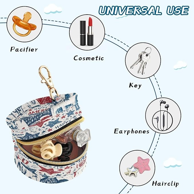 Pacifier Holder with Clip Pacifier Case for Diaper Bag Round Baby Pacifier Pouch Box Bag Portable White Patriotic Stars July 4th