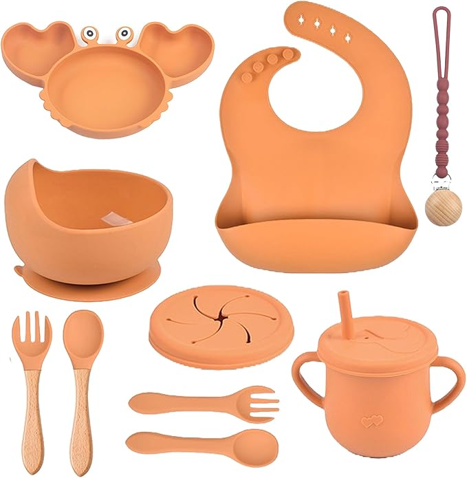 Silicone Baby Feeding & Weaning Set ??Food-Grade Baby Led Weaning Supplies with Suction Plate, Bowl, Bib, Sippy Cup & Soft Spoon Fork ??Dishwasher & Microwave Safe (Brown)