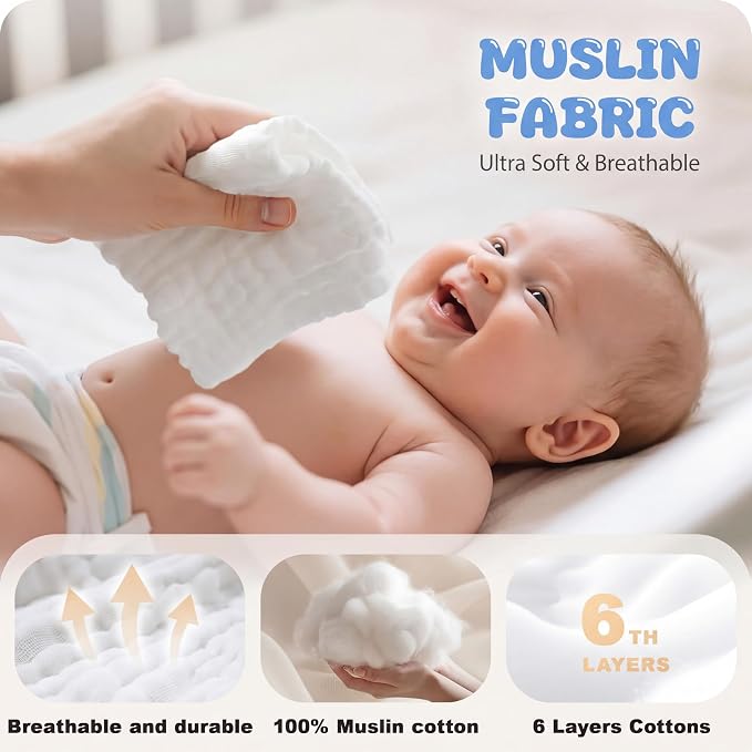 Chumia 30 Pcs Baby Muslin Washcloths Muslin Burp Cloths Baby Towel Natural Cotton Burp Cloths Wipes Soft Newborn Face Towel Absorbent for Face Bath Shower, 12 x 12''(Blue, White, Green, Yellow, Pink)