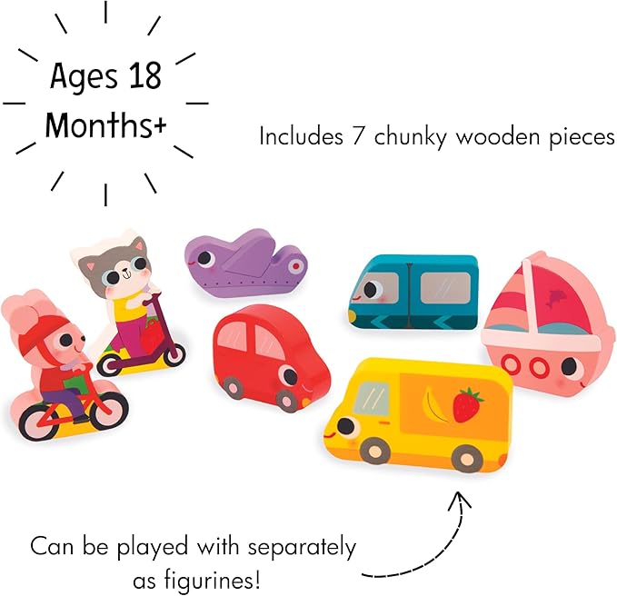 Janod - Vehicles Chunky Puzzle 7 Pieces - Motor Skills Development - Enhances Motor Skills - Promotes Imagination, Safe Quality Materials - French Design Excellence