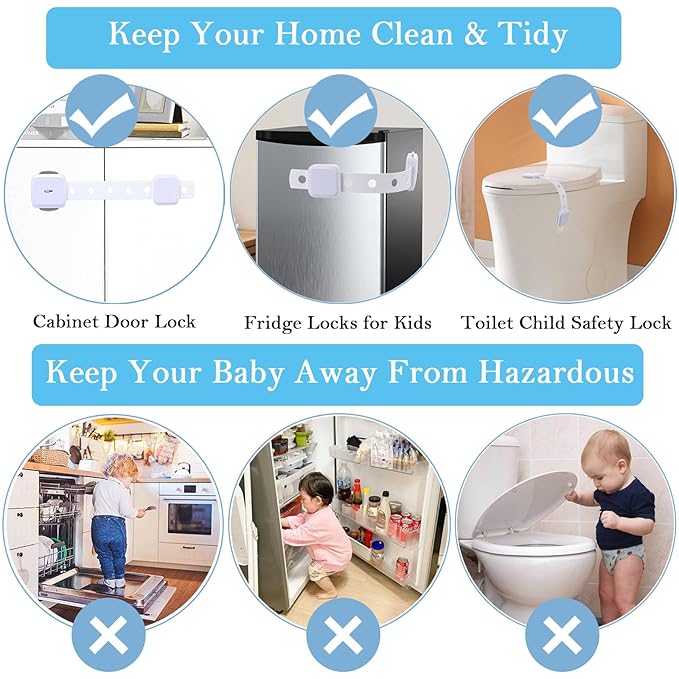 Fursafe&Q Cabinet Locks Baby Proofing, Baby Drawer Safety Locks -Adhesive Child Safety Lock Straps Adjustable Door Latch for Fridge Toilet Oven No Drill Furniture Kitchen Lock