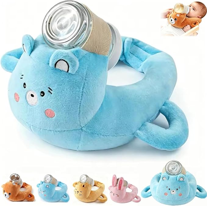 Plush Bottle Holder Pillow, Hands Free Feeding Nursing Assistant, Ergonomic Bottle Support Cushion, Soft Animal Cover Protector, Machine Washable, Neck Pillows, Bottle Not Included (Bear)