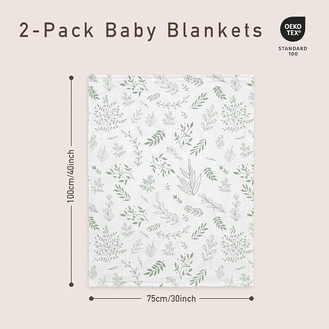 GLLQUEN BABY Blankets for Boys Girls, Soft Muslin Cotton Front Dotted Fleece Backing, Nursery Minky Crib Blanket for Infant Toddler, 30 x 40 inches Throw Blanket, Green & Leaves