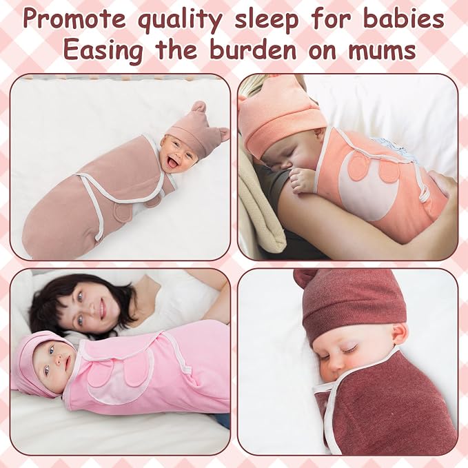 Ramede 6 Pack Swaddle Blanket with Hats for Baby Girl Boy 100% Cotton Swaddles 0-3 Months, Adjustable Breathable Skin Friendly Receiving Blanket Wrap, Essential for Newborns(Simple,Solid Pink)