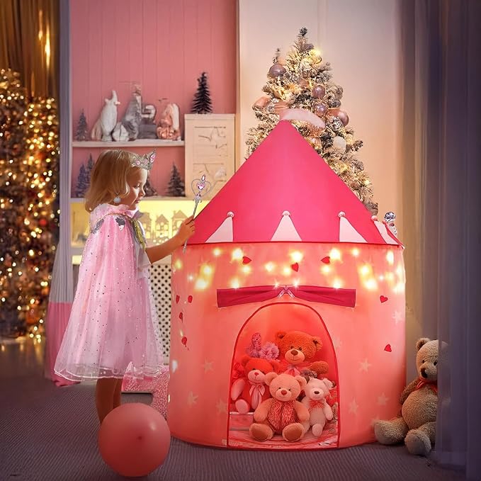 13 Pcs Castle Play Tent with LED Star Lights - Princess Dress-Up Set with Crown for Little Girls - Princess Toy Tent - Indoor and Outdoor Girls Castle Playhouse - Pink