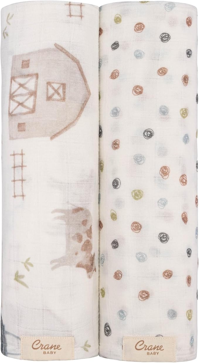 Crane Baby Charlie 2-pc. Farmhouse Tractor Dot Swaddle Set, 100% Cotton Muslin Swaddle Blankets for Newborns, Baby Boy Blanket Neutral, Infant Receiving Blankets for Boys, Rustic Farm Nursery Decor