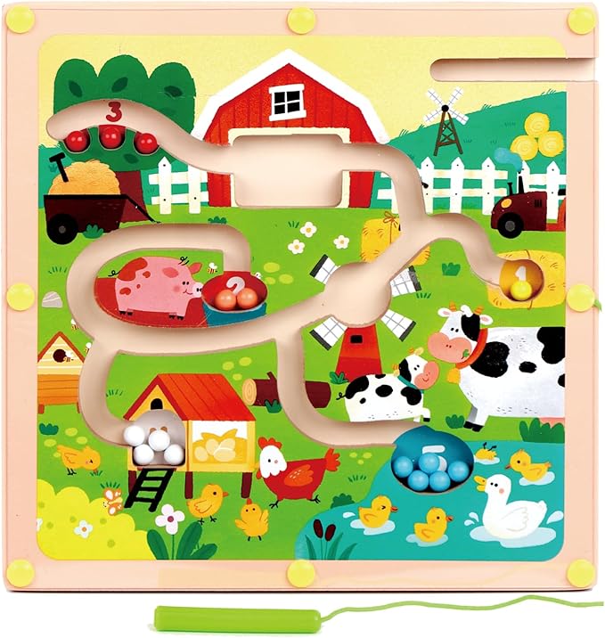 QimuMku Magnetic Color & Number Maze Farm Montessori Wooden Activity Board for Toddlers 1–5 Counting & Matching Game Fine Motor Skills Toy for 2 3 4 Year Old Boys Girls Road Trip Essentials