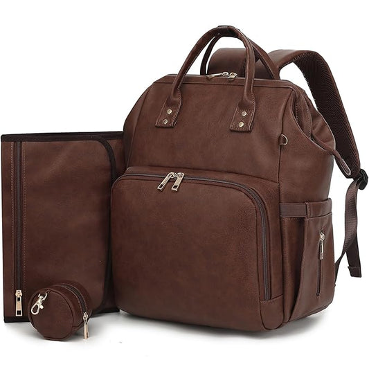 ROSEGIN Premium Vegan Leather Diaper Bag Backpack with Waterproof Changing Pad ??Reinforced Stitching & Zippers, Baby Bag for Boy Girl, Stroller Straps, Fits 15.6" Laptop for Work Moms, Dark Brown