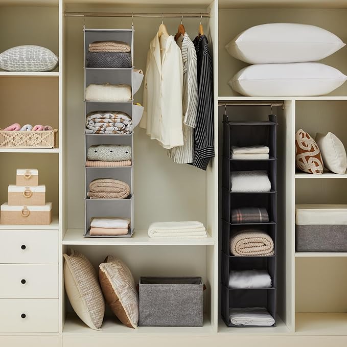 YOUDENOVA Hanging Closet Organizer, 6-Shelf Closet Hanging Storage Shelves, 2 Packs, Light Grey