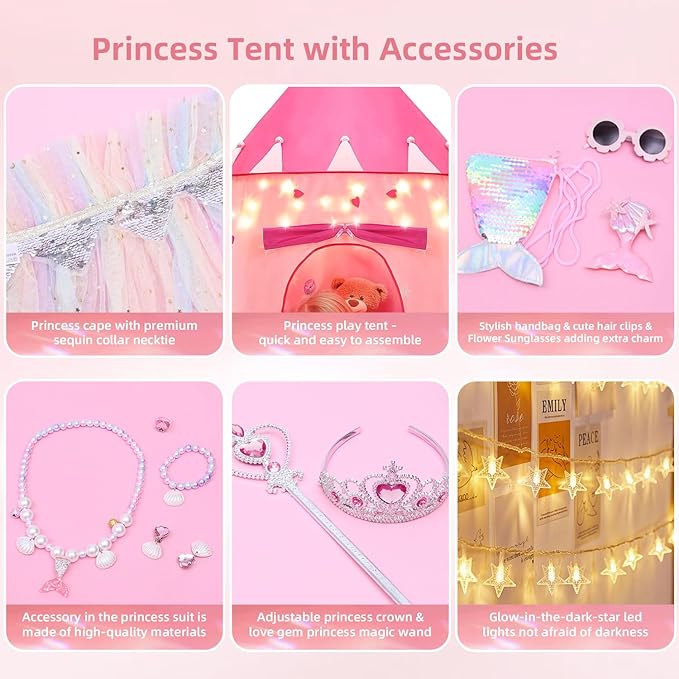 13 Pcs Princess Castle Play Tent with LED Star Lights - Princess Dress-Up Set with Crown for Little Girls - Play Toy Tent - Indoor and Outdoor Girls Castle Playhouse Tent - Rainbow
