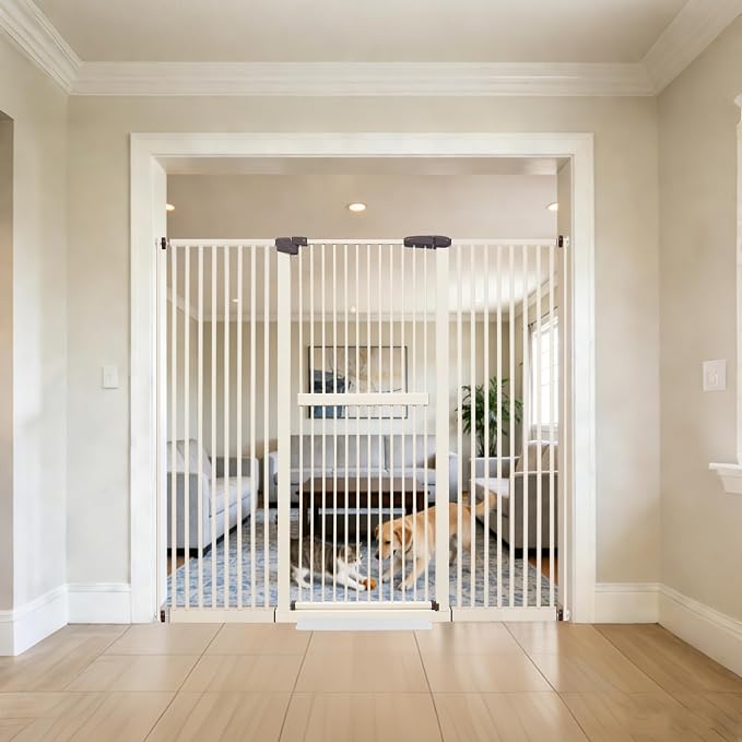 Lumizone 61.02" Extra Tall Pet Gate for Cat Dog 63.39"-67.90" Wide Cream | Extra Tall Cat Gate for Doorway Hallway Stairs Pressure Mounted 1.37" Gap No Drilling Auto-Close Dual-Lock