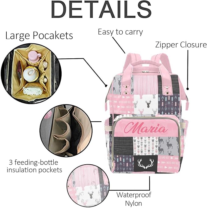 Woodland Deer Personalized Diaper Bag with Custom Name – Custom Baby Tote Backpack for Mom, Unique Gift for New Parents, Baby Shower Essentials