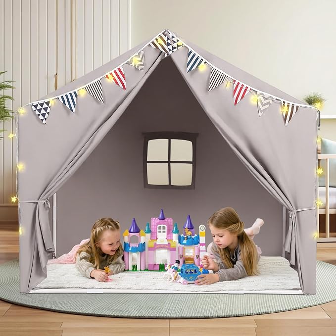 Kids Tent with Mat Playhouse for Kids Indoor Outdoor Play Tent for Toddlers 3 4 5 6 Year Olds (Light Grey)