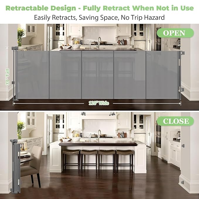 Reinforced 120" Extra Wide Retractable Baby Gate with Support Rods ??Prevent Crawling Under, 10 Foot Extra Long Dog Gate Large Baby Gate for Large Openings, Mesh Gate Retractable Pet Gate, Gray