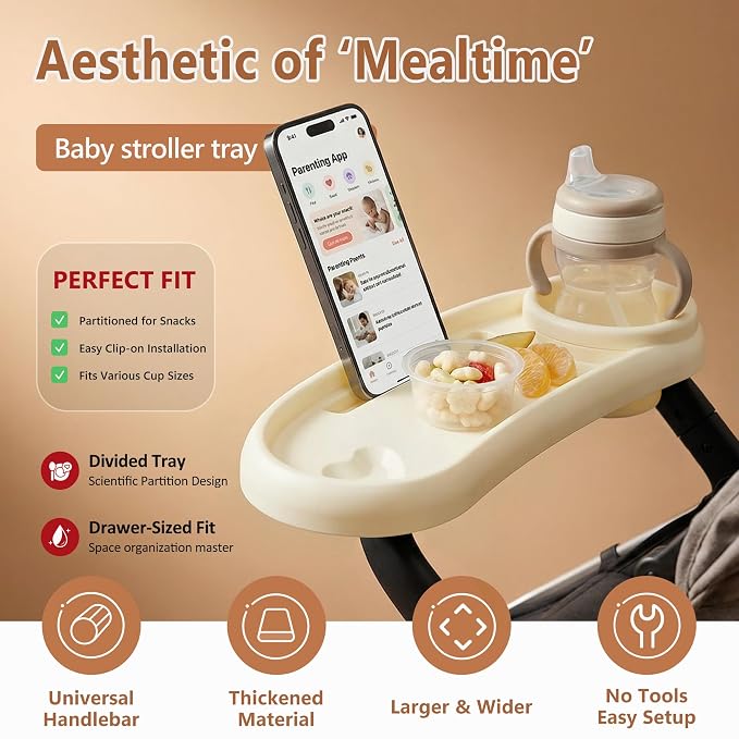 Li&Zhao Universal Stroller Snack Tray 3-in-1 Detachable Stroller Snack Tray Attachment with Secure Phone Holder, Spill-Proof Cup Holders Compartments, Easy-Clean Universal Snack Tray for Stroller